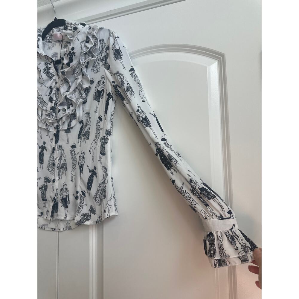 Blingdor White Chiffon Button up Ruffle Blouse with Outlined Women Novelty Print - Picture 5 of 10